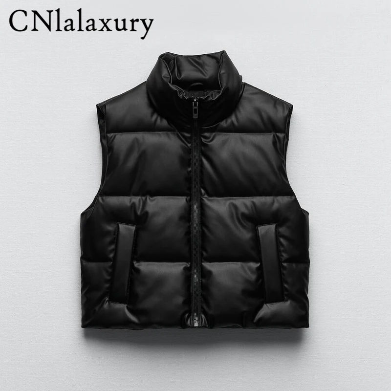 

CNlalaxury Autumn Winter Woman Black Faux Leather Vest Casual Sleeveless Stand Collar Zipper Waistcoat Solid Pocket Cotton Vest