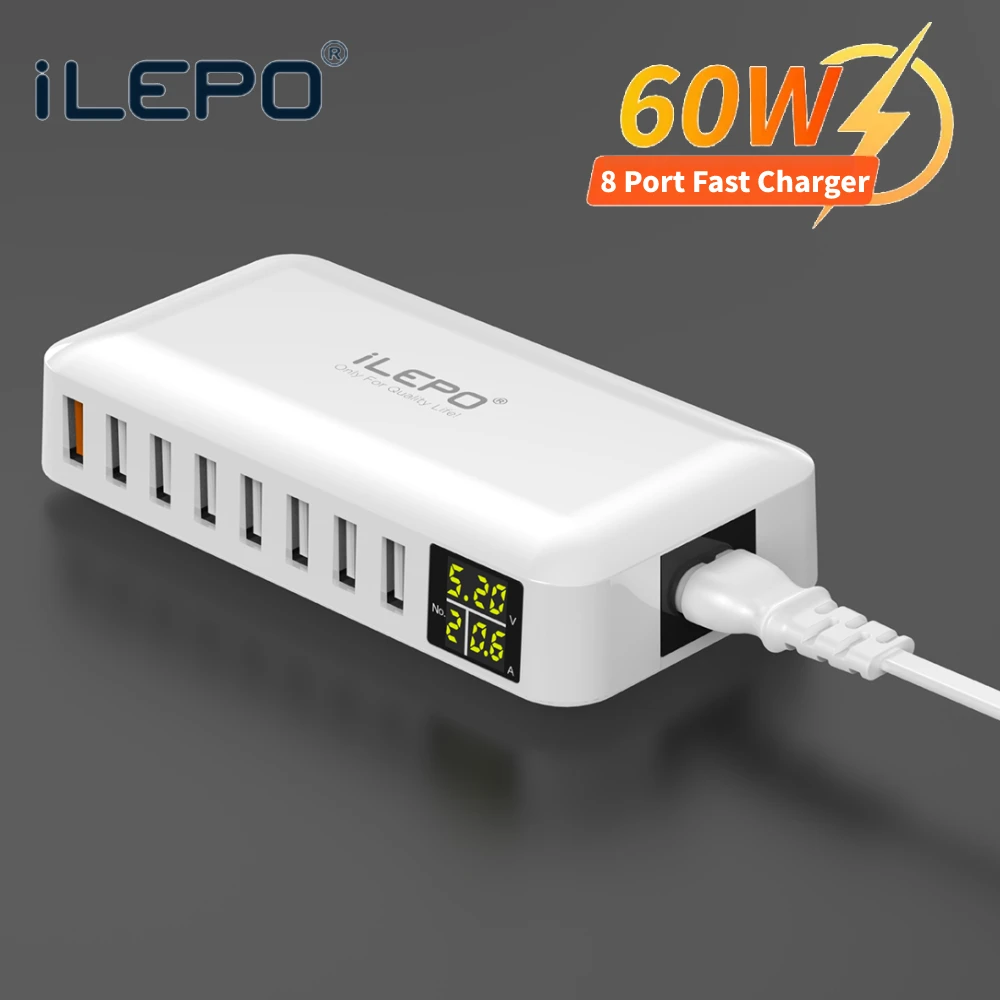 

60W 8 Port USB Fast Charger QC3.0 HUB Smart Quick Charge with LED Display Multi USB Charging Station Mobile Phone Desktop Home