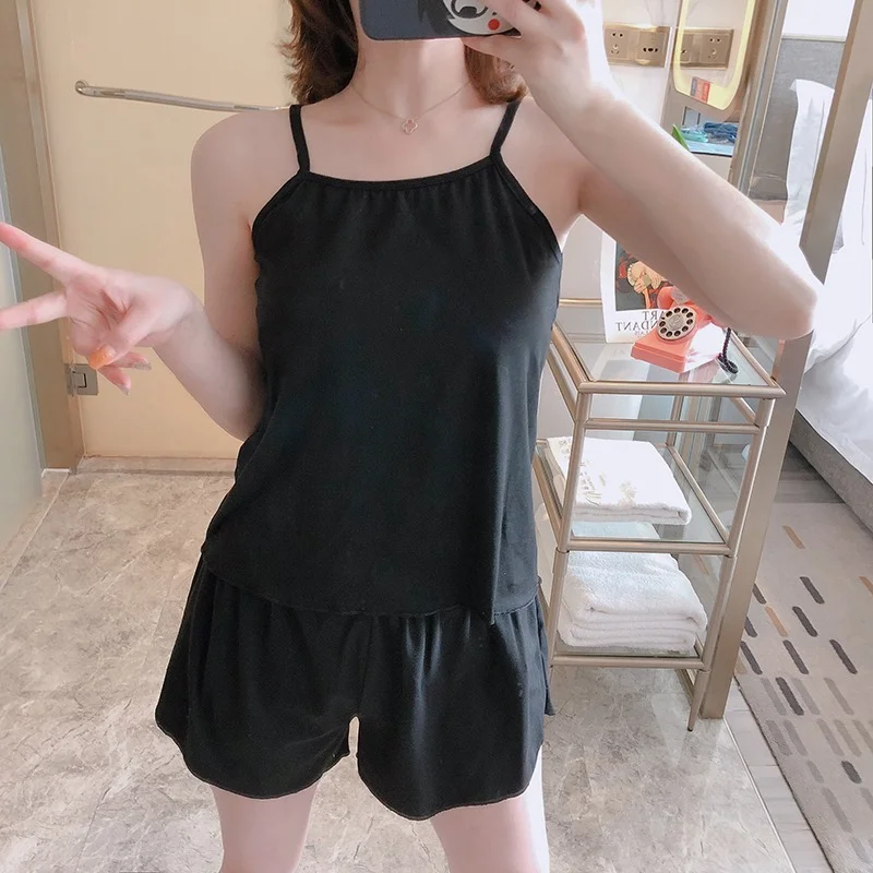

Костюм женский летний из молочного шелка на бретельках, пижама с простыми шортами в Корейском стиле, разные цвета, домашняя одежда, 8 цветов