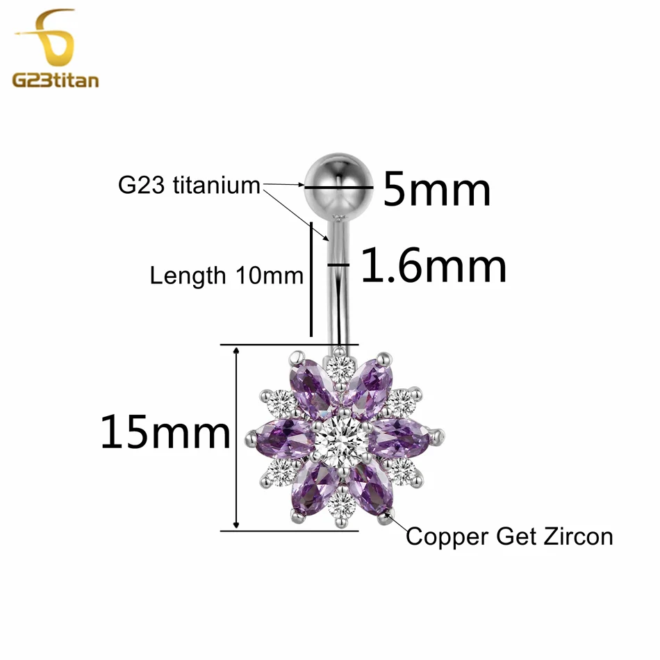 Чарм Пурпурный циркон Цветок Navel Кольцо 14G 6 - 14 мм Титановая штанга Перфорация