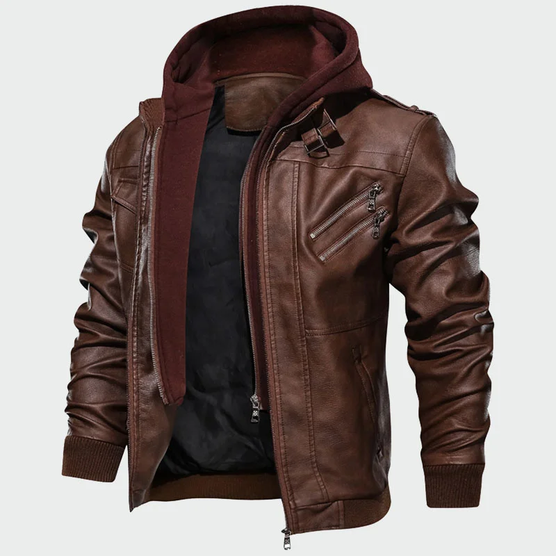 

2022 Removable Hood New Coat Men's Leather Jackets Autumn Casual Motorcycle PU Jacket Biker Leather Coats Jacket Brand Clothing