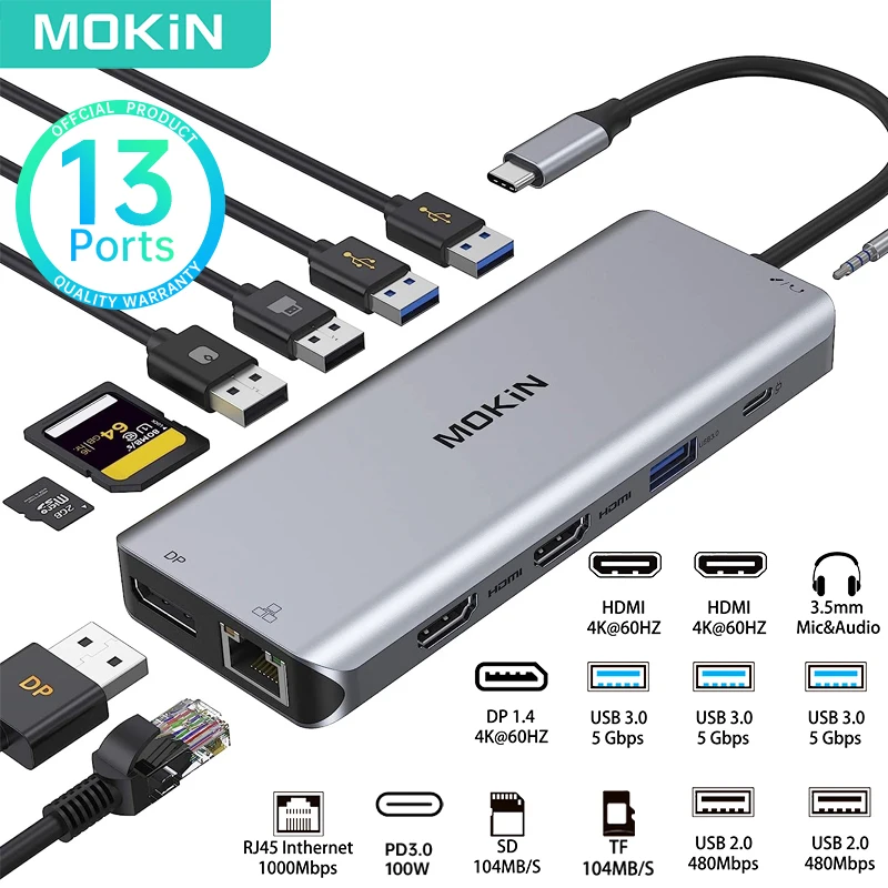 

Док-станция MOKiN 13 в 1, USB C, два монитора, 4K, 60 Гц