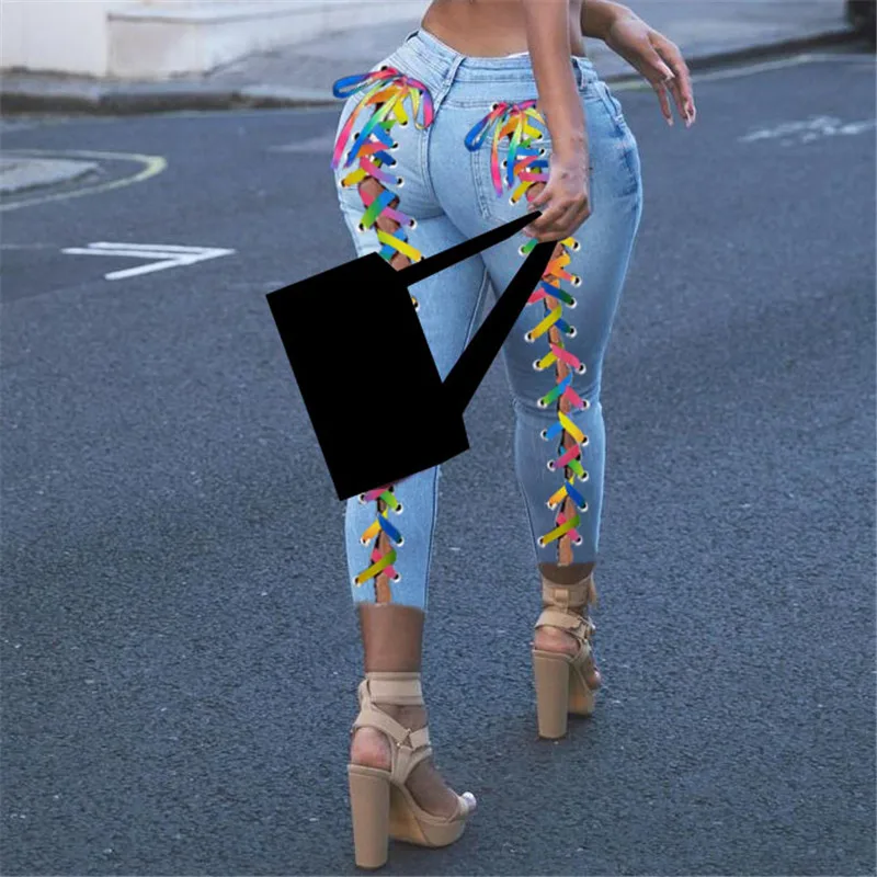 African ethnic Women Jeans Rainbow Colour Criss-cross Lace Up Hole Sheath Elastic High Waist Long Pencil Denim Pants Bandage