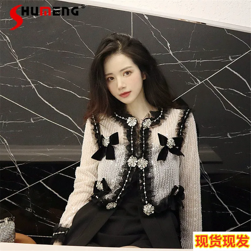 

Women's Graceful Beads Rhinestones Sequins Bow Floral Coats Female Summer French Short Cardigan Sun Protection Top 2022 Clothing