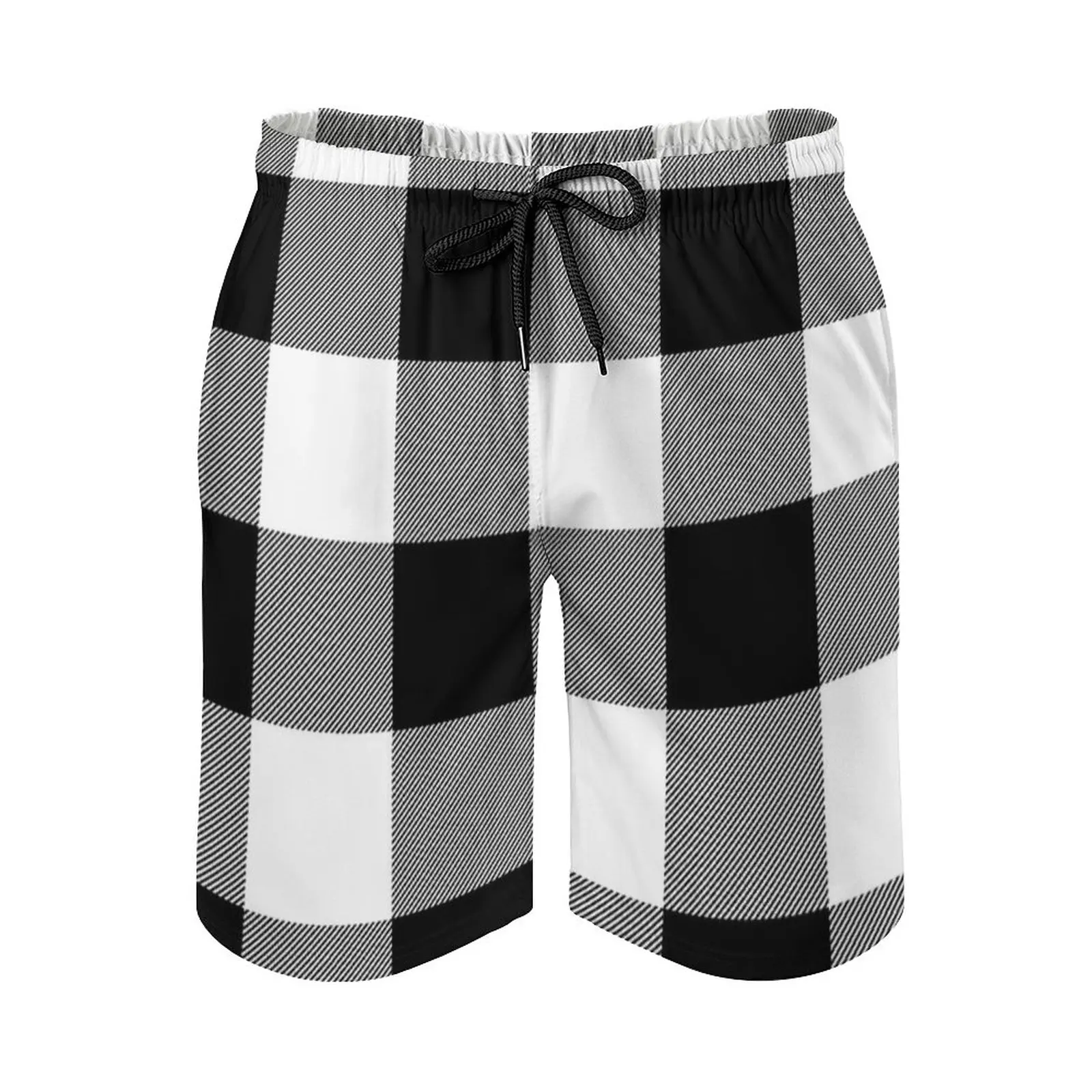 

Buffalo Check Black And White Plaid Wide Stripes Men'S Beach Shorts Swim Trunks With Pockets Mesh Lining Surfing Checkered