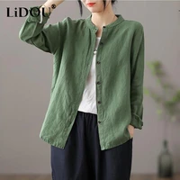 2022 spring vintage single breasted cotton long sleeve cardigan shirt women stand collar simple loose casual solid female blouse