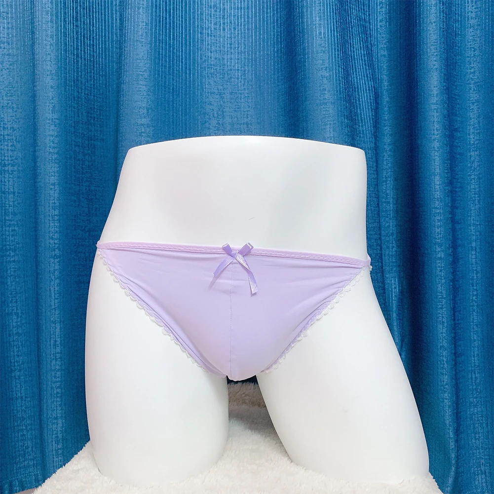 

Sexy Men Sheer Ice Silk Skin-Friendly Briefs Bulge Pouch Bikini Panties Breathable Sweat Underpants Bow Lace Side Underwear