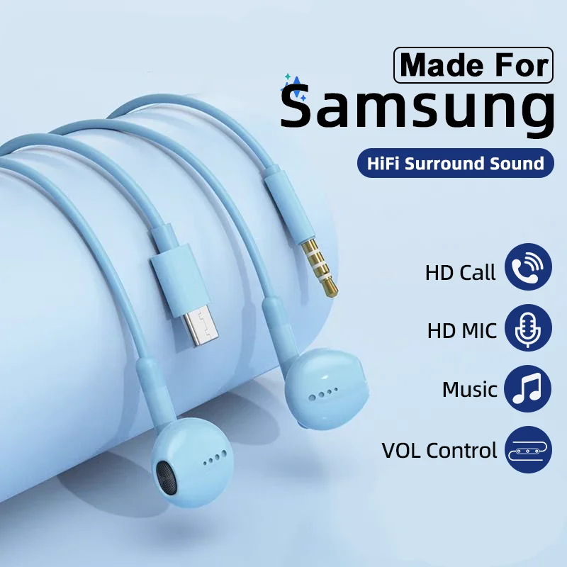 Наушники типа C для Samsung Galaxy S24 S23 S21 S22 Ultra A53 A52 A34 A54 USB Проводные наушники с разъемом 3