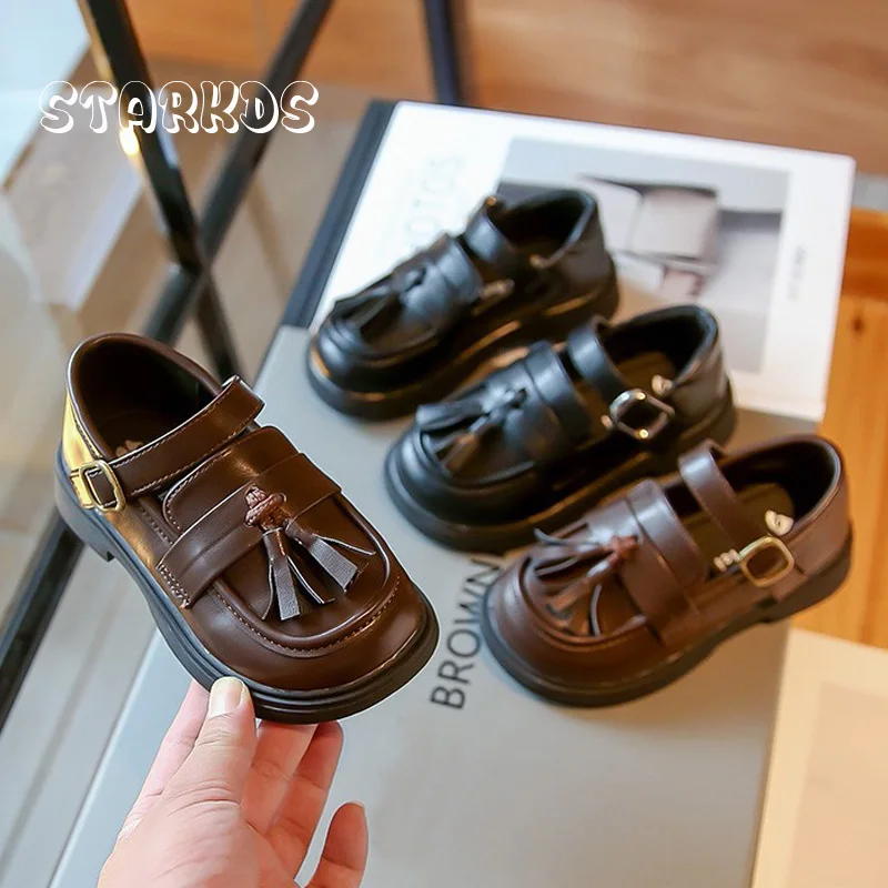 

British Leatherette Dress Shoes Girls Flat Fringe Flower Mary Janes Kids Buckle Strap Wide Toe Loafers Retro School Footwear