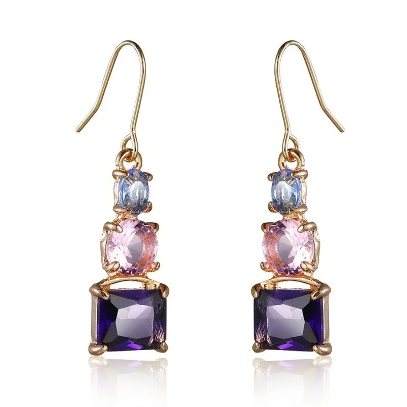 

Fashion Amethyst Topaz Earrings Temperament Exquisite Blue Powder Mixed Color Zircon Gold-plated Pendant Earrings Jewelry