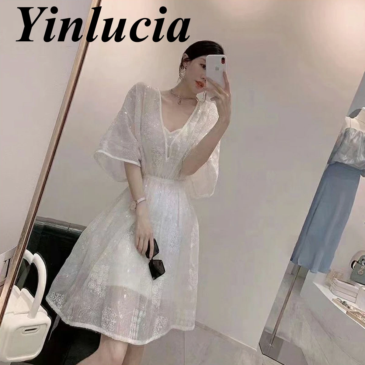 

Women Shiny Sequins Dress Sexy V Neck White Dress Casual Elegant Design Prom Vintage Y2K Bridesmaid Dresses Summer Street