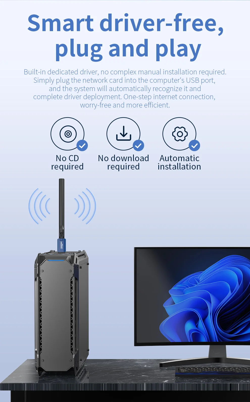 Фото COMFAST CF-733BF AX900 WiFi6 Bluetooth5.4 USB-адаптер, двухдиапазонная беспроводная сетевая карта 2,4G/5 ГГц для настольных ПК, Win10/11, Linux ﻿ №5