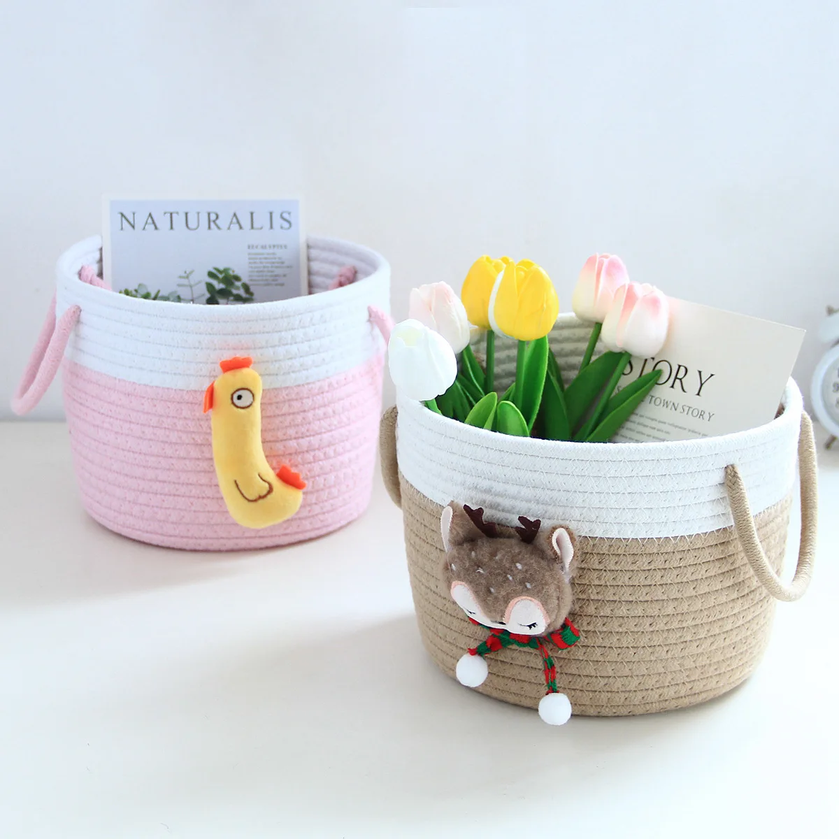 

Lovely Cartoon Pattern Storage Baskets Household Cotton Rope Desktop Sundries Key Organizer Box Bedroom Cosmetics Container Item