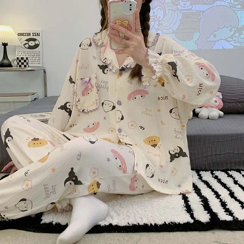 

Sanrio Two-Piece Set Pajamas Kuromi Pochacco Autumn New Thin Long Sleeve Trousers Sleepwear Princess Style Clothes Girls Gifts