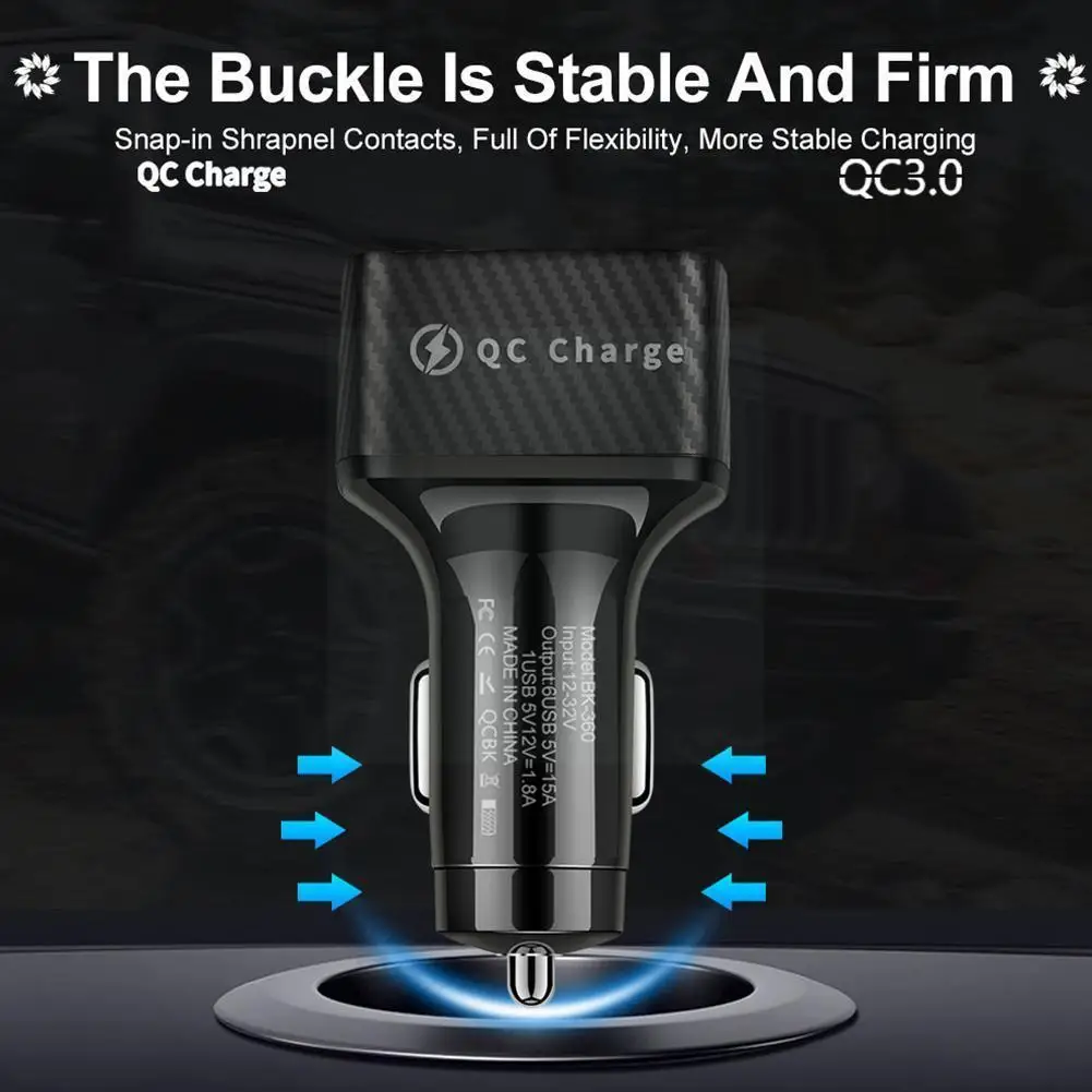 

15A Luminous Car Charger 6USB Porous QC3.0 Square Car Fast Charge Charger Car Charger Smart 5V9V12V X3B7