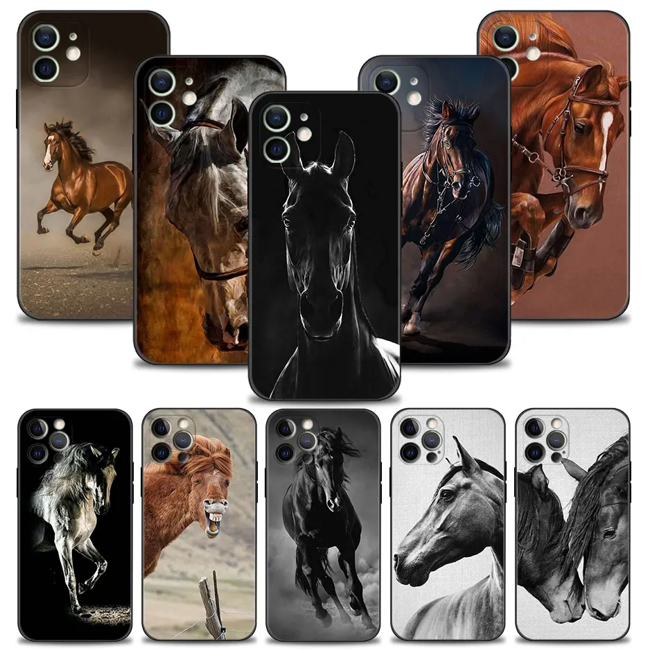 

Capinha Case for iPhone 13 11 12 14 Pro Max XR X XS 8 7 6 6S SE 13mini 12mini Funda Silicone Coque Horses Black and White