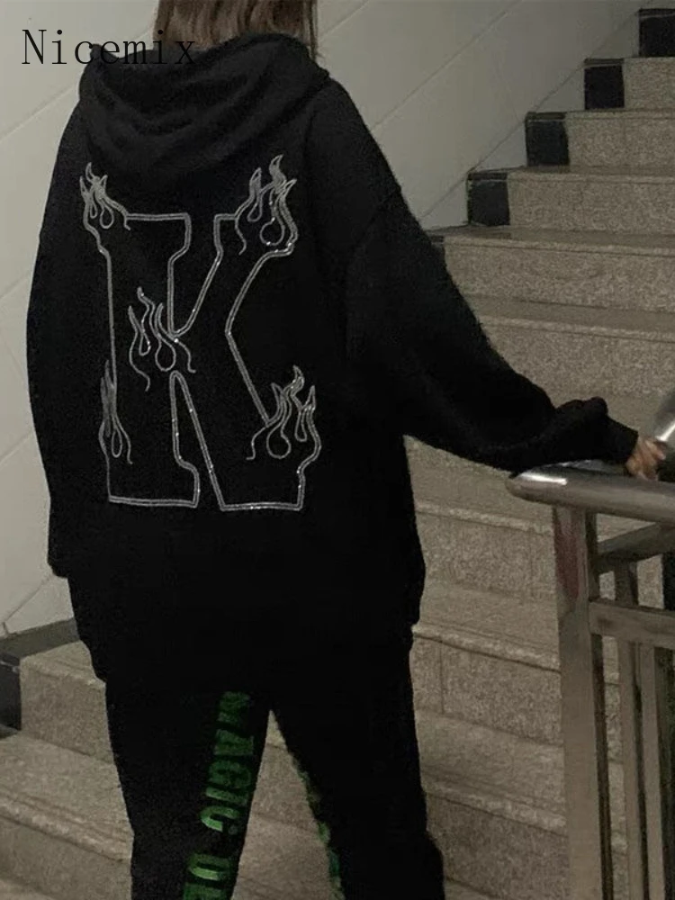 

American Street Letter Flame Hooded Sweatshirt Trend High Street Dark Loose Casual Versatile Handsome Top hoodies women