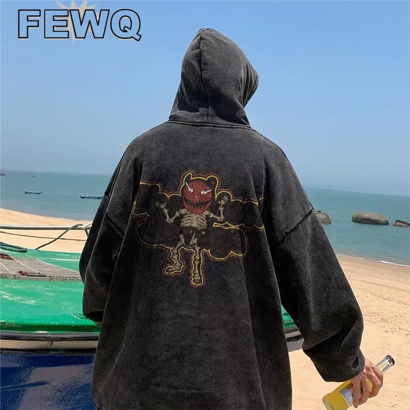 

FEWQ Print Hoodies Men's American High Street Washed Casual Male Sweathisrts Vintage Pullovers 2023 Spring Tide New Tops 24B1486