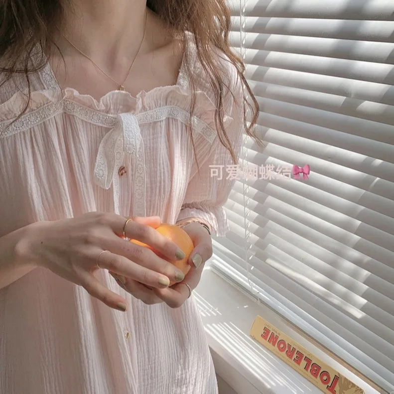 Pajamas Nightdress for Women Cotton Korean Style Home Clothes Lace Decorative Bow Maxi Dress Vestidos Woman Nightgown Sleepwear