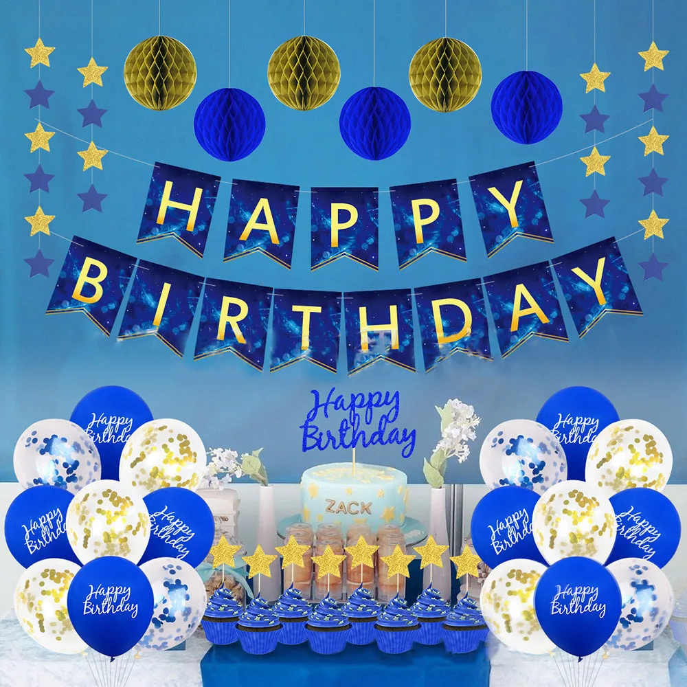 

CHEEREVEAL Starry Sky Theme Latex Balloon Arch Kit Banner Star Cake Toppers Paper Flower Ball for Boy Birthday Party Decoration