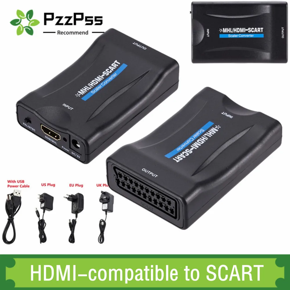 

PzzPss 1080P HDMI-compatible to SCART Video Audio Upscale Converter AV Signal Adapter HD Receiver TV DVD with US/EU Power Plug