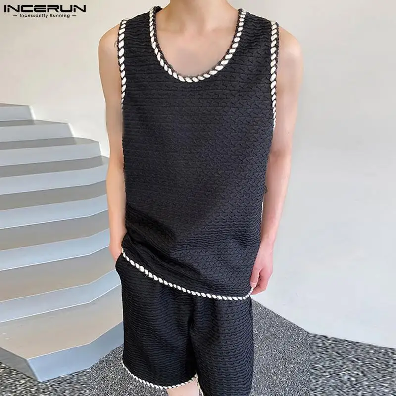 

INCERUN 2023 Korean Style Handsome Mens Fashion Sets Ribbon Spliced Tank Tops Shorts Casual Streetwear Male Two Piece Sets S-5XL