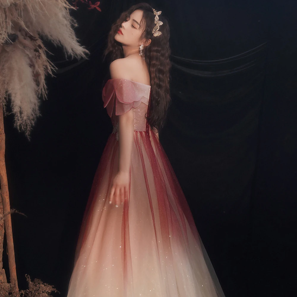 Burgundy 2022 new banquet temperament evening dresses thin shoulder evening dresses graduation dresses women young fashion