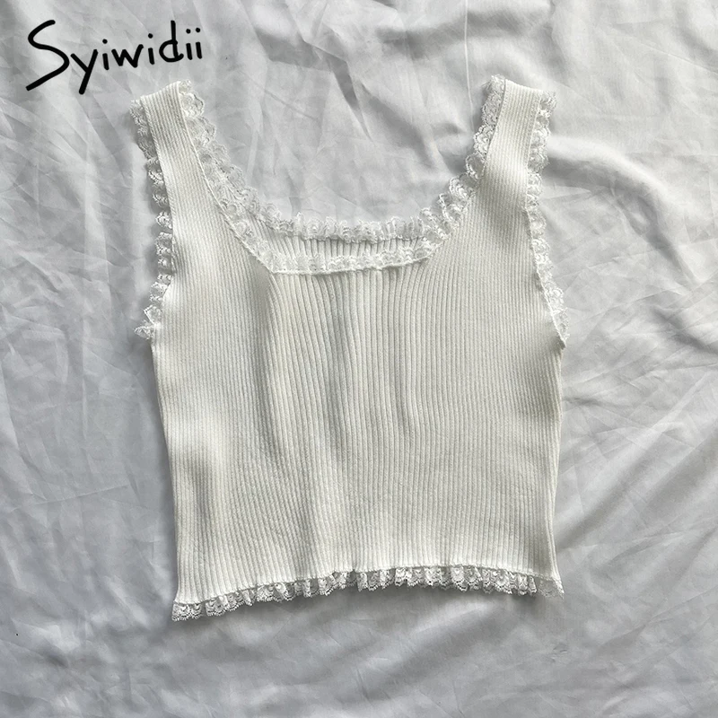 Syiwidii кружевные черные майки для женщин укороченный топ футболка симпатичное