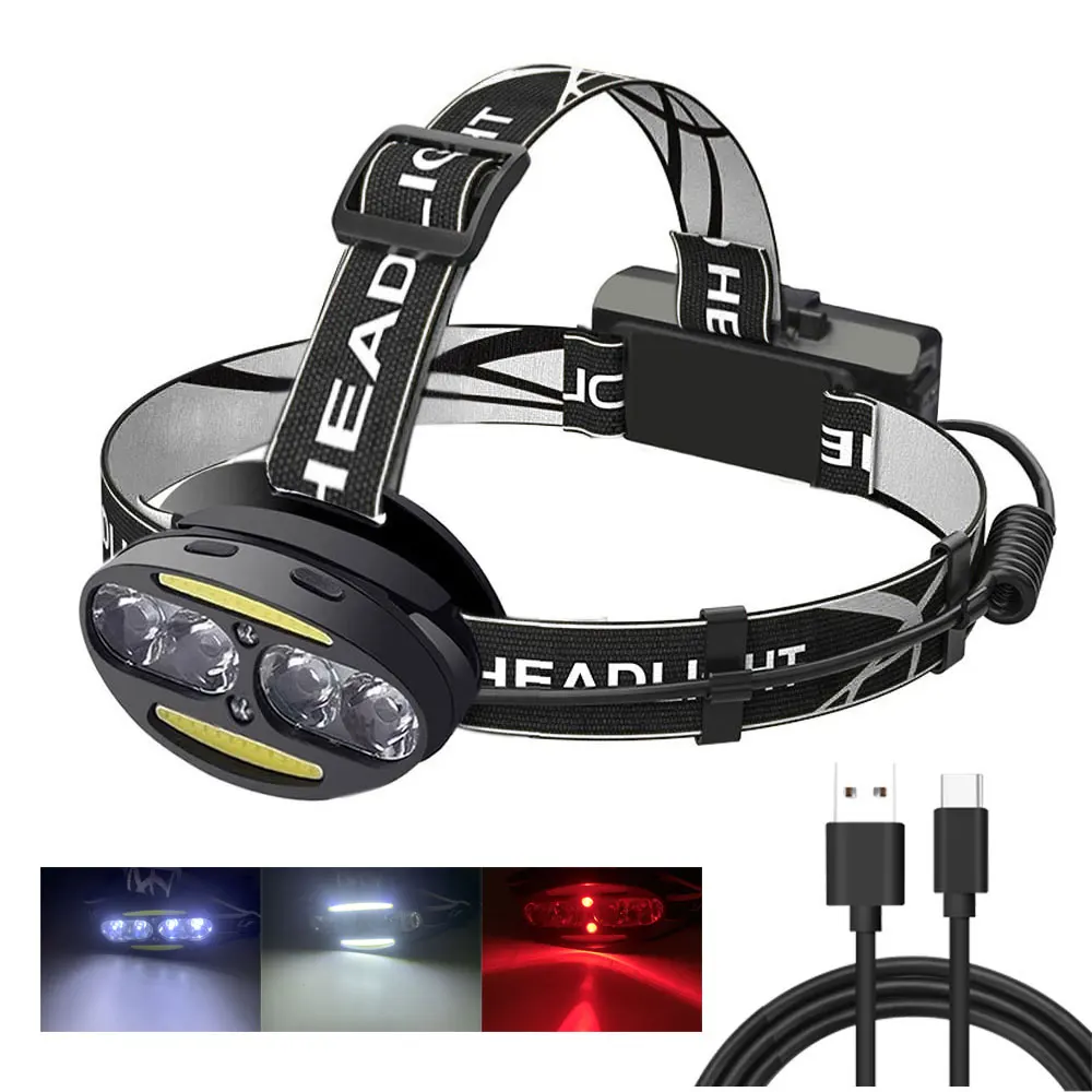 

Super bright LED headlamp 4 x T6 + 2 x COB + 2 x Red LED waterproof led headlight 7 lighting modes 18650 batteries USB charger