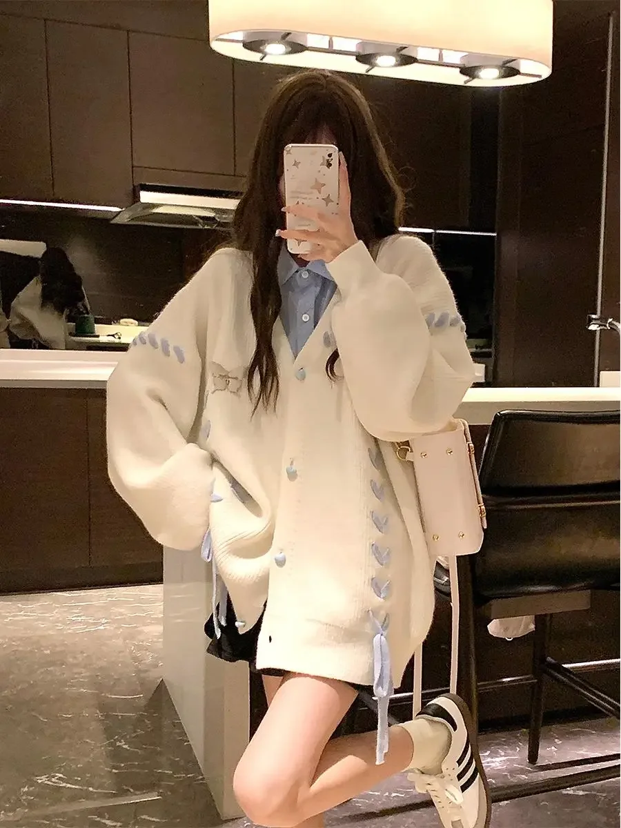 

Woman Sweet Girl Knitting Sweater Lazy College Style Loose Sleeve Harajuku Girl JK Uniform Kawaii Cardigan Coat