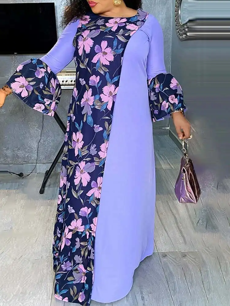 

VONDA 2022 Printed Dress Women 3/4 Sleeve Patchwork Evening Party Maxi Dress Holiday Robe Femme Fashion Floral Printed Vestido