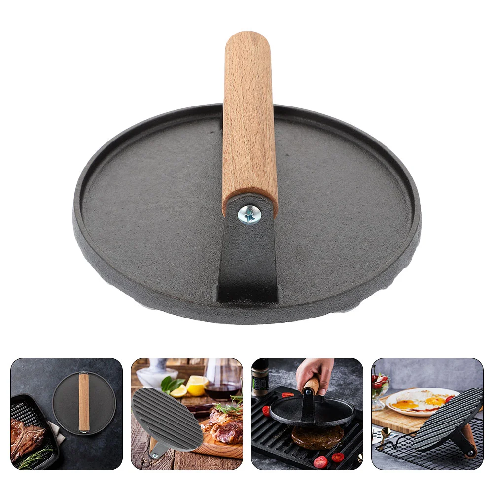 

Stainless Steel Fry Pan Meat Press Cast Iron Burger Griddle Accessories Tortilla Cooking Mold Wood Pressing Tool Household