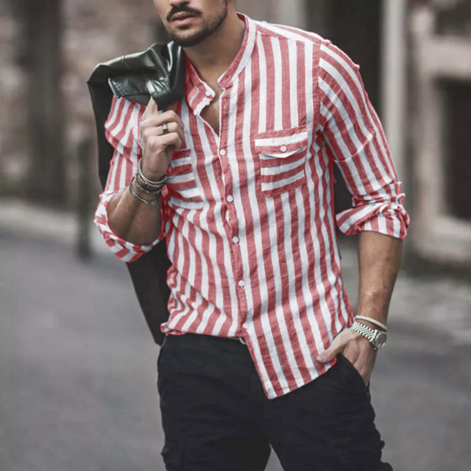 

Mens Fashion Casual Striped Linen Buckle Collar Pocket Long Sleeve Shirt Top