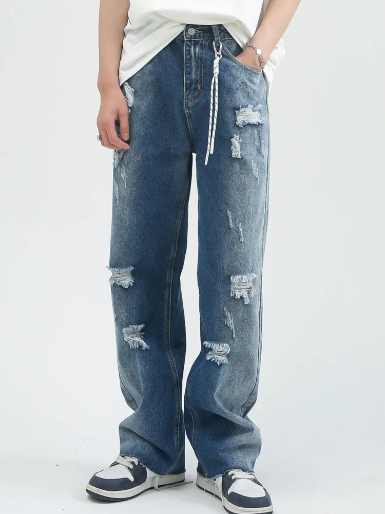 

SYUHGFA Men Clothing 2022 Spring Autumn Korean Streetwear Hole Burrs Jeans Fashion Straight Jeans Casual Denim Trousers For Male
