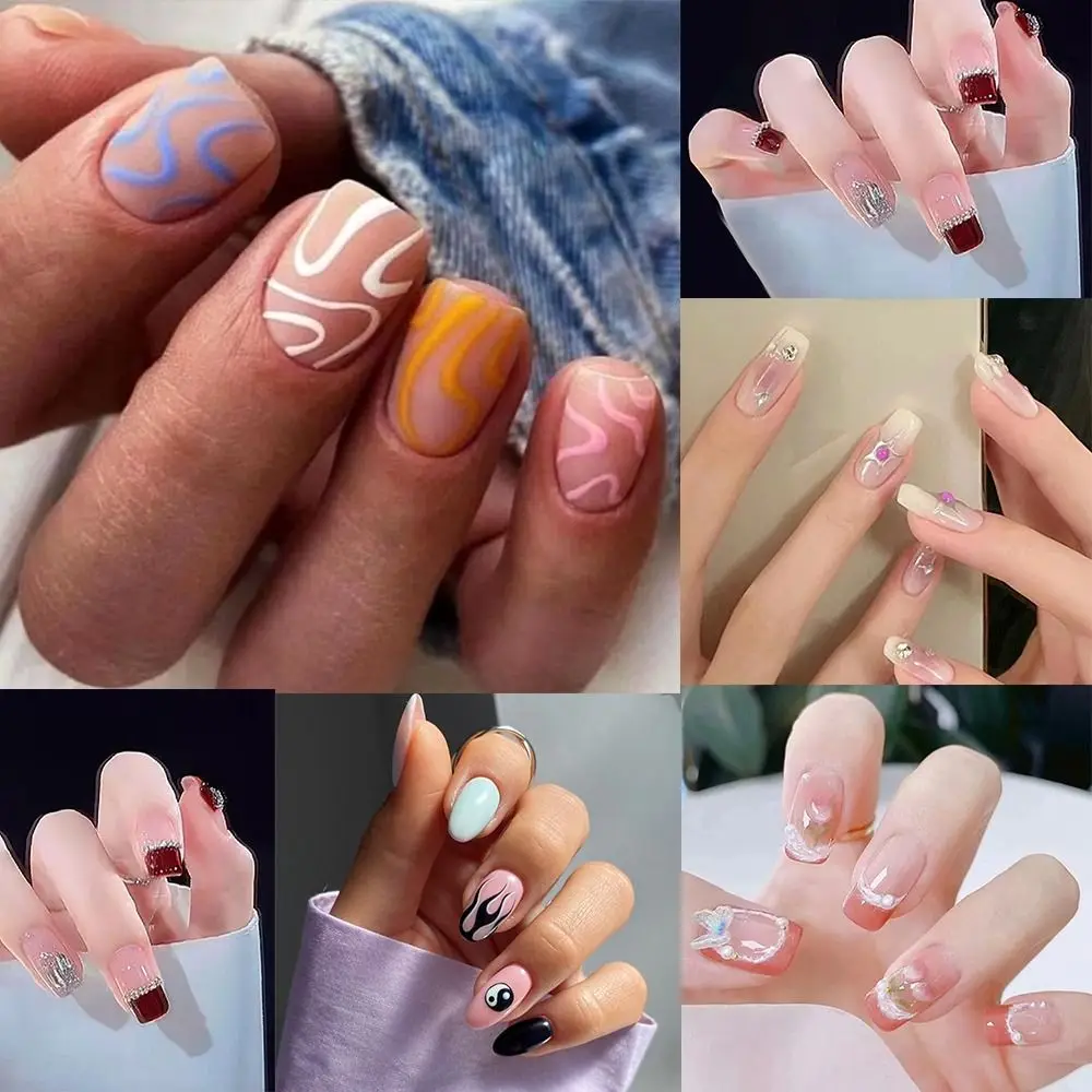 

24pcs Winter French False Nails Full Cover Fire Flame Short Ballerina Square Fake Nails