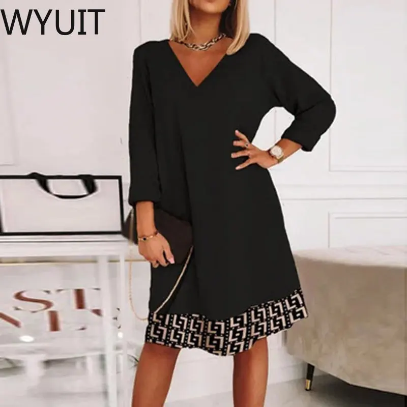 

Женское повседневное свободное платье-трапеция с длинным рукавом, привлекательные офисные женские мини-платья с V-образным вырезом, винтаж...