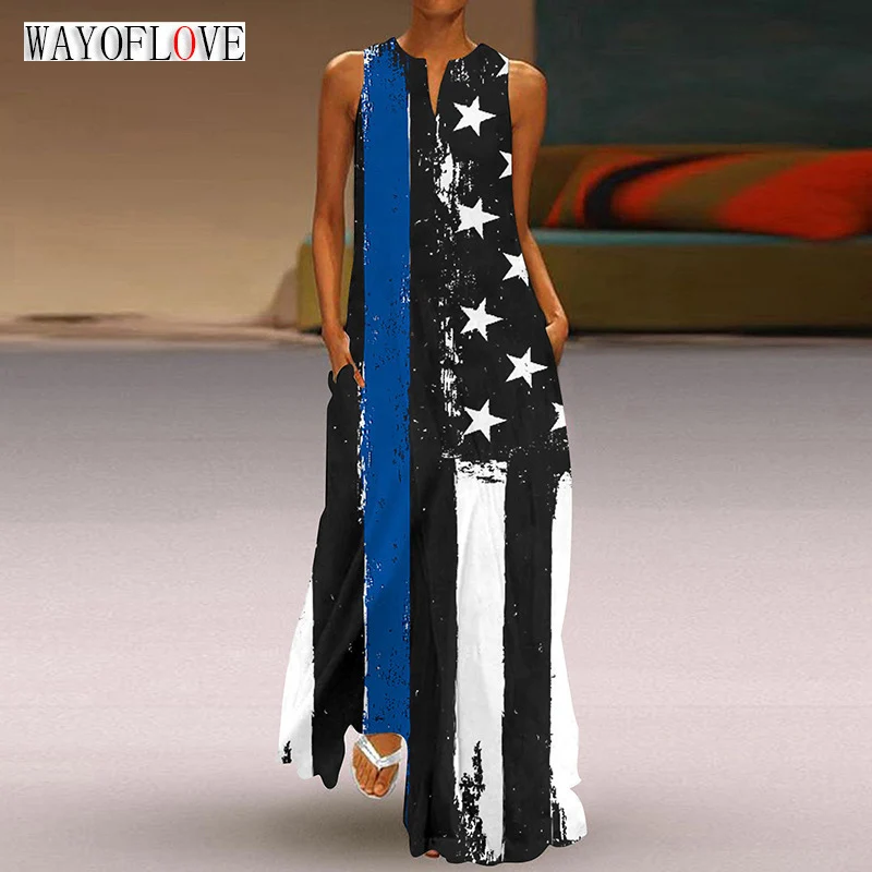 

WAYOFLOVE Ladies Spring Summer Black Long Dress Sleeveless Stripe Star Printed Beach Maxi Dresses Elegant Casual Dress For Women
