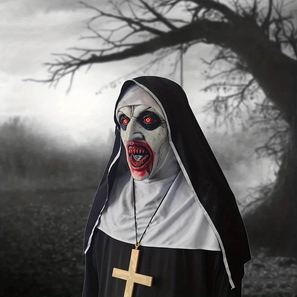 Ужасная маска монахини с головным платком латексная страшная на всю голову