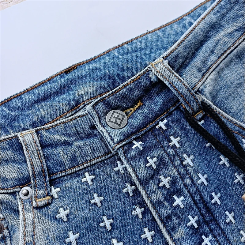 Американские джинсы High Street KSUBI Cross Jeans Мужская модная марка Ретро стирка синий с