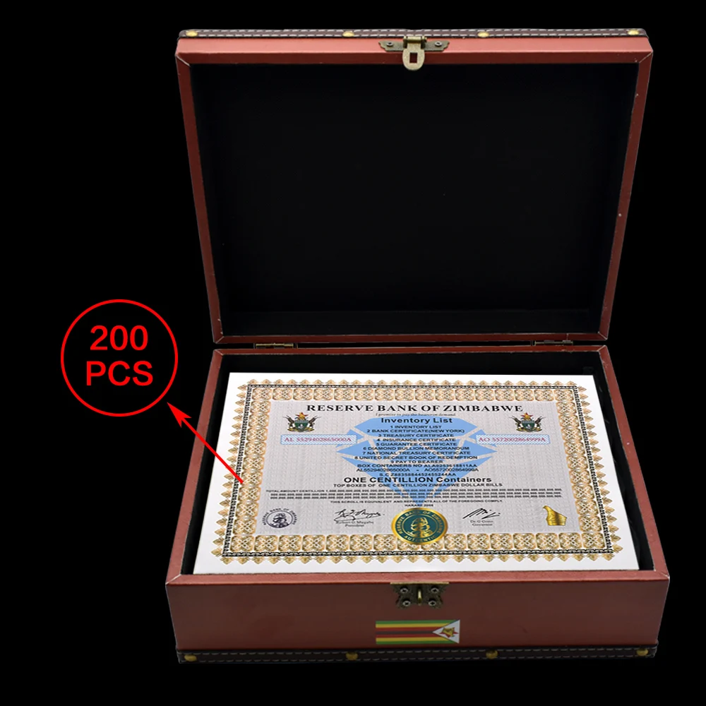 

200pcs/box New Zimbabwe ONE CENTILLION Containers Certificate Banknotes with Serial Number In Red Leather Box Souvenirs