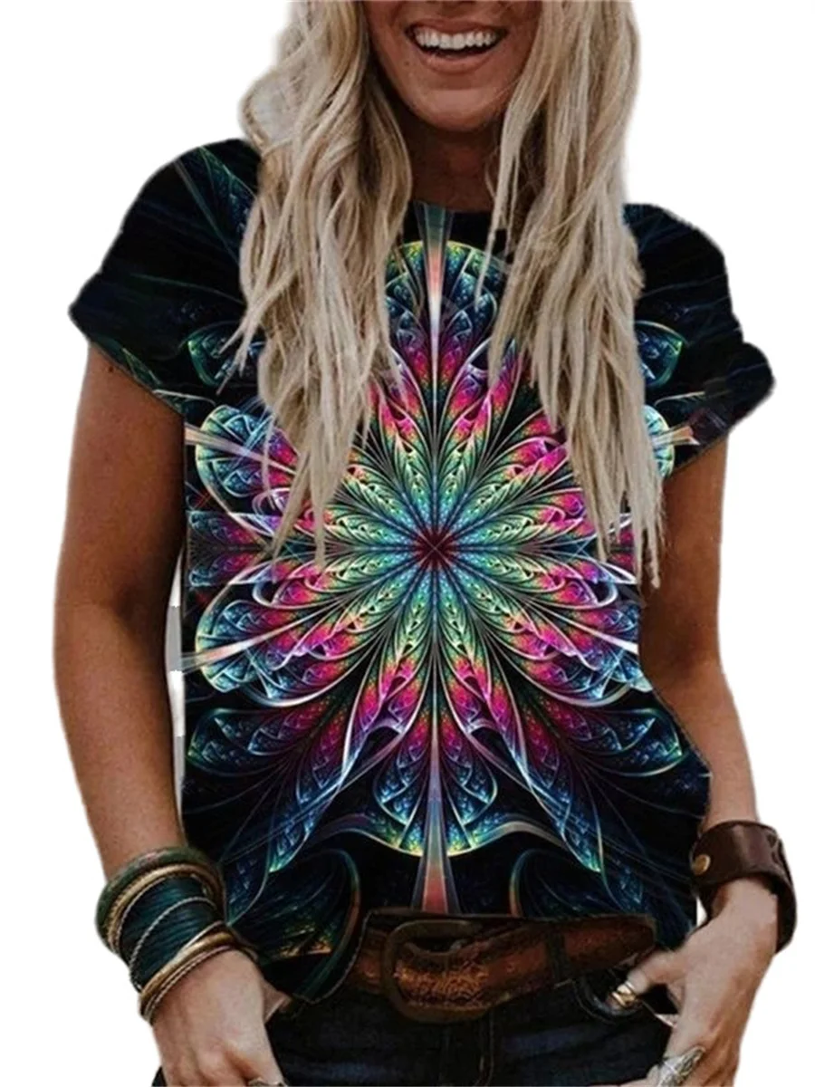 

5XL Women Spring summer spring Shirts Lady Fashion Casual short Sleeve O-Neck collar flower printing T-shirt Blusas Tops G2337
