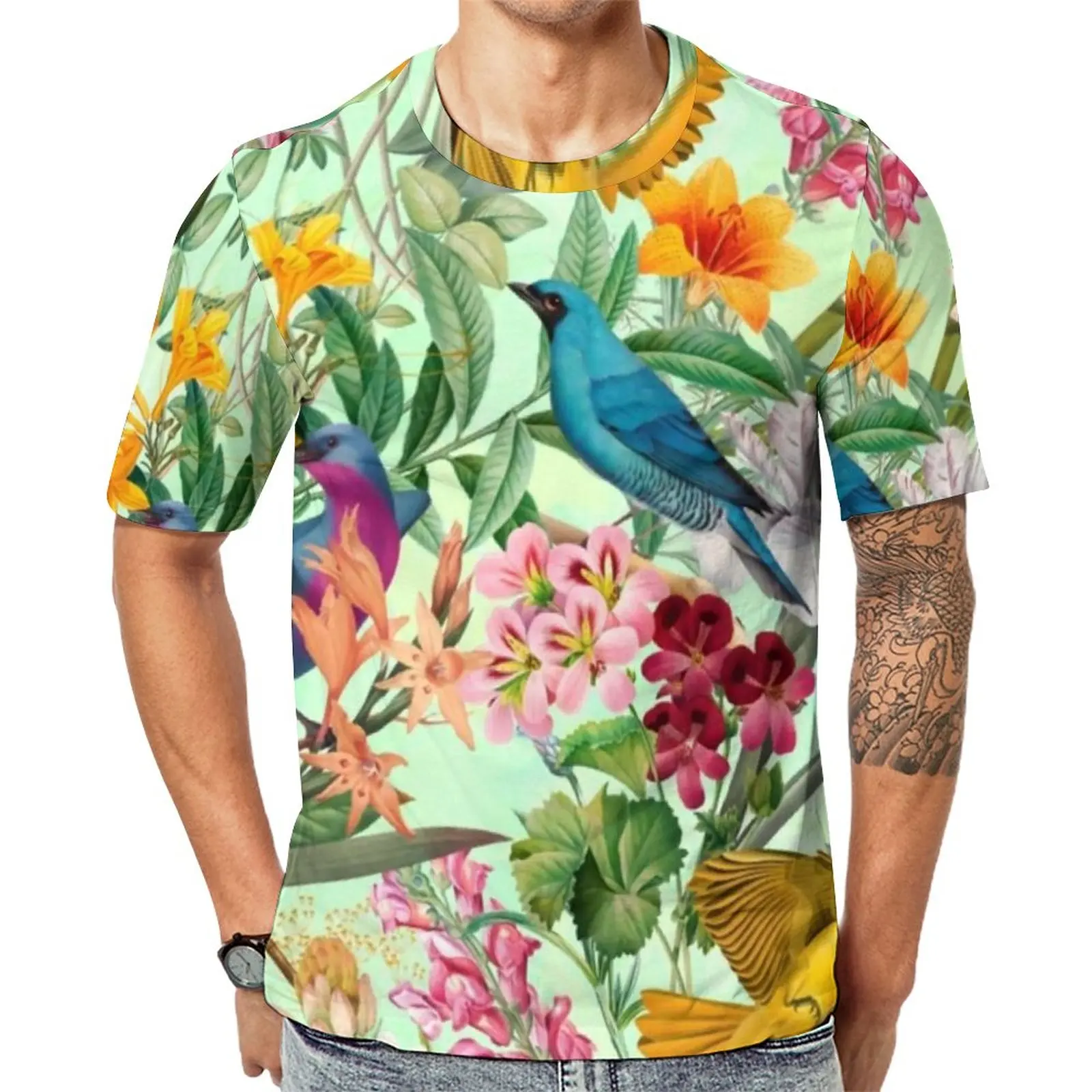 

Colorful Birds Print T-Shirt Tropical Paradise Floral Novelty T-Shirts Men Aesthetic Tee Shirt Custom Tops Plus Size 5XL 6XL