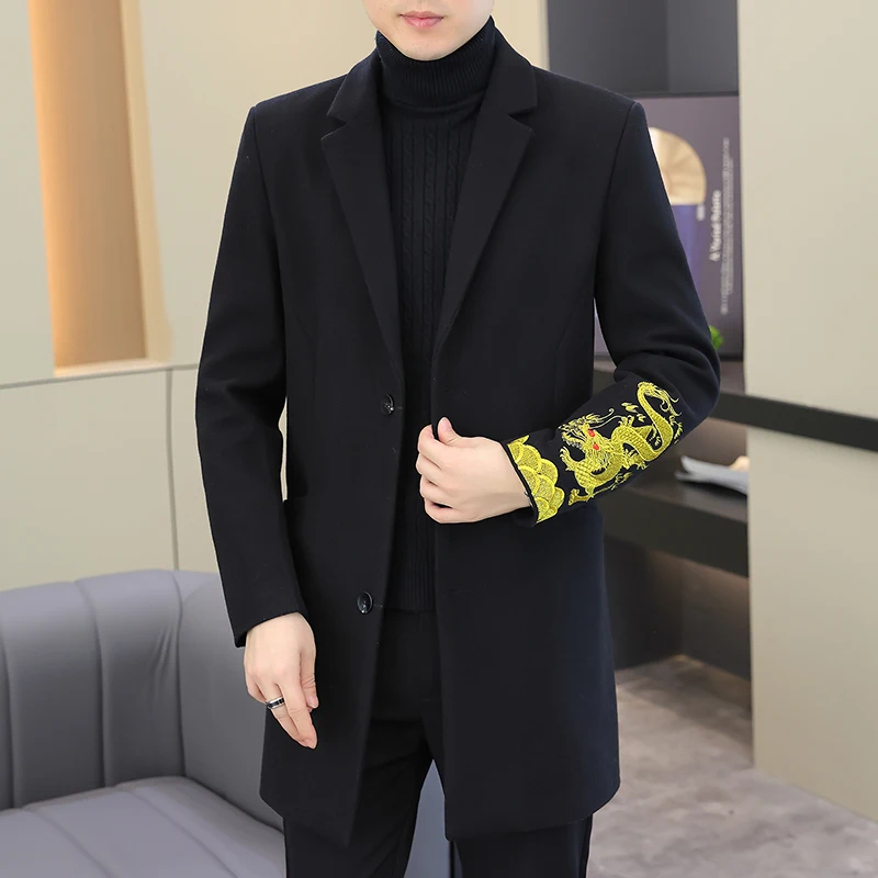 Длинное зимнее мужское пальто с вышивкой дракона верхние теплые шерстяные