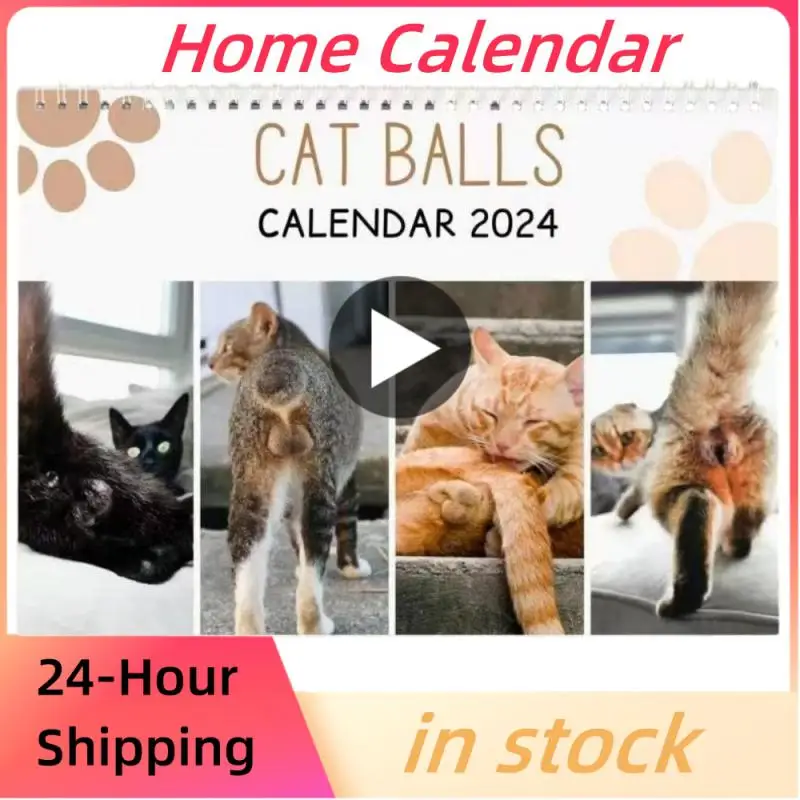 

2024 Забавный настенный календарь с кошкой и ягодицами, изысканный узор на всю страницу, плотный прочный бумажный календарь-планер в виде кошки
