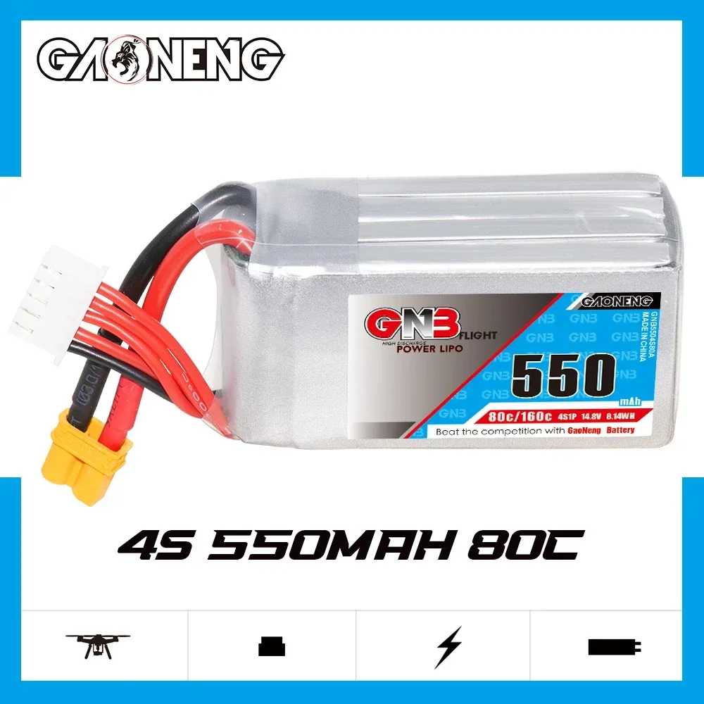

Gaoneng GNB 4S1P 550mAh 14.8V 80C/160C Lipo Battery With XT30 XT60 Plug For FPV Racing Drone RC Quadcopter Helicopter Parts