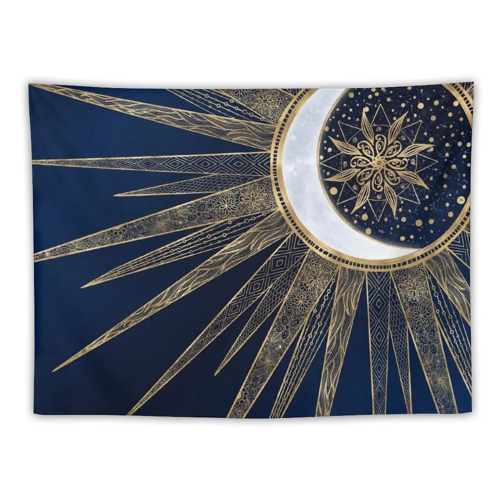 Синее золото Солнце Луна Мандала дудлинг искусство гобелен Декор для дома