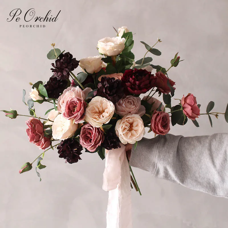 PEORCHID Boho Bridal Bouquet Dusty Pink Roses Penoy Bride bBuqet fFor wWedding Hand Holding Flower Artificial Fake Bouquets 2023