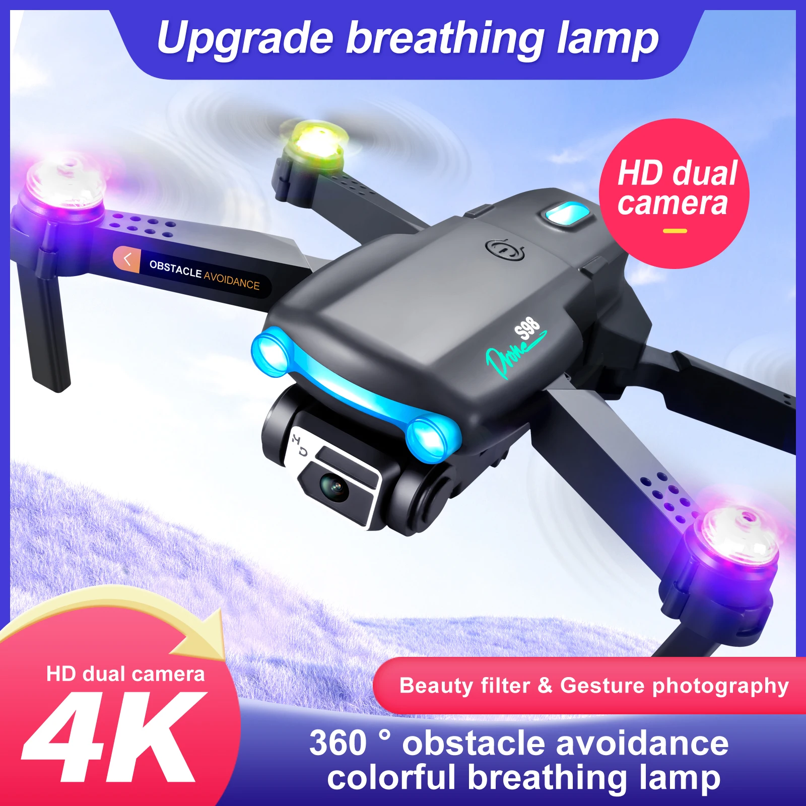 

4K HD Camera RC Quadcopter Drone 6-Axis Gyroscope 2.4GHz 4CH RC Drone Toys Aerial Photography Obstacle Avoidance with LED Lights