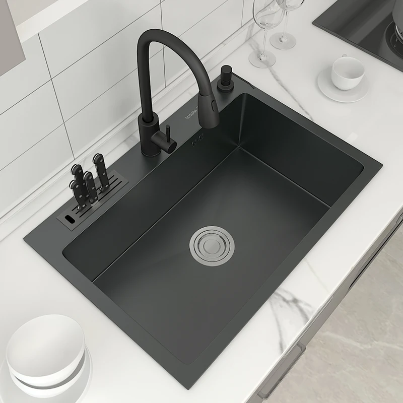 

304 Stainless Steel Topmount Kitchen Sink With Knife-Holder Multifunction Single Bowl Dark-Gray Wash Basin For Kitchen Fixture