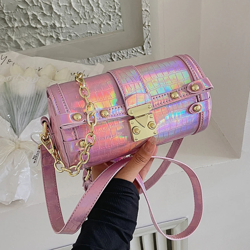 

Tote Barrel Shaped Bag 2022 Summer Fashion New High-quality Laser PU Leather Women's Designer Handbag Shoulder Messenger Bag
